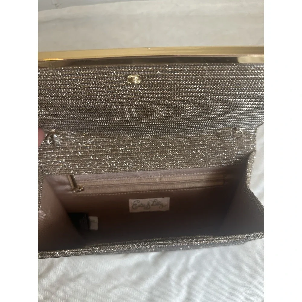 Estee & Lilly Gold Metallic Glitter Clutch Small w/ Detachable Strap Magnetic